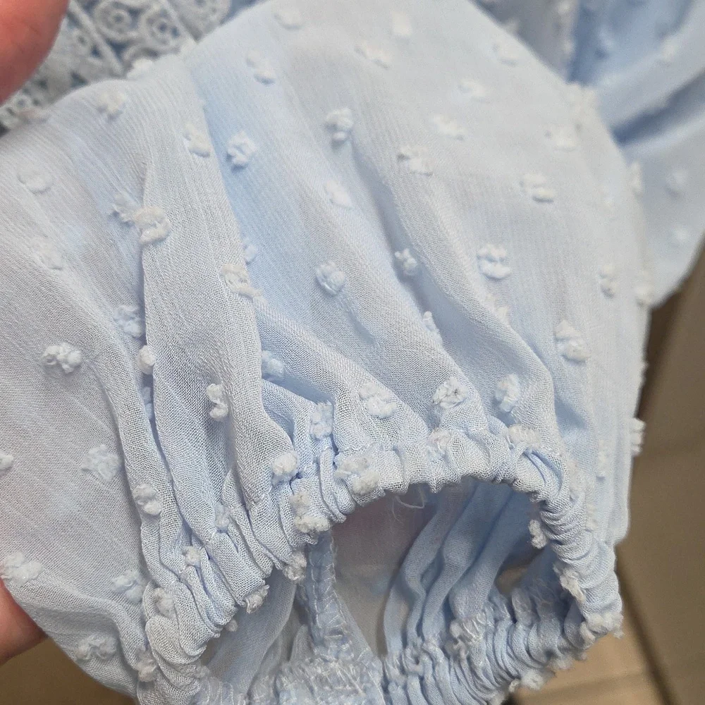 Light Blue Lace Trim Blouse - Picture 3 of 5
